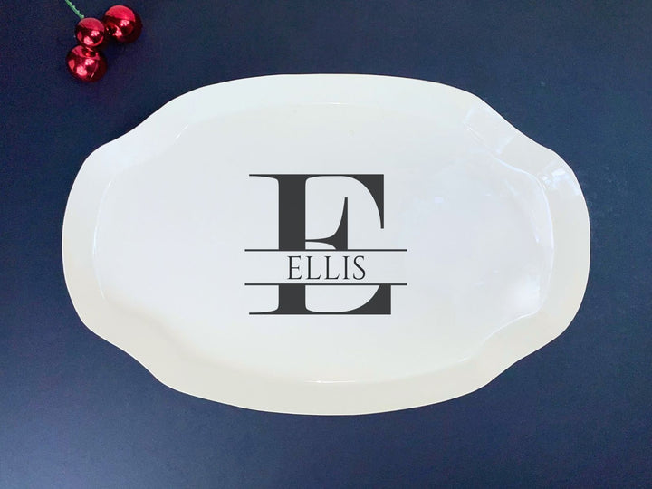 large handmade ceramic platter with monogram