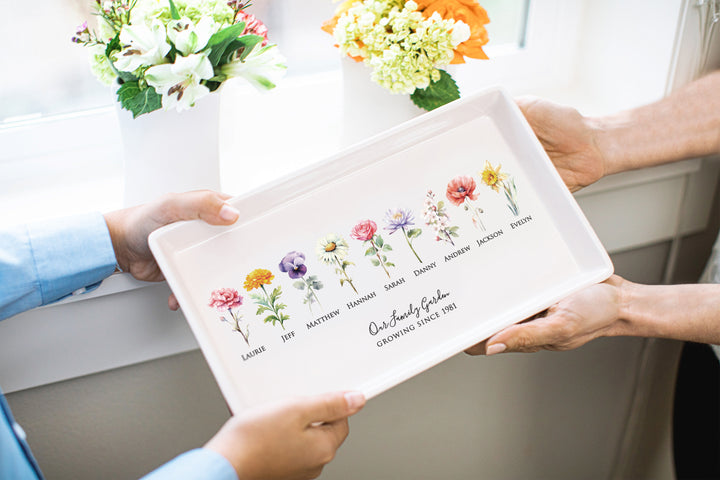 Personalized Birth Flowers Tray, Family Garden, 12"x7" Ceramic Platter