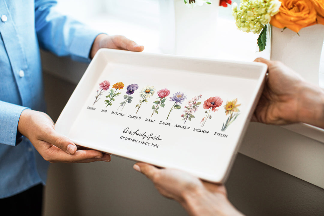 Personalized Birth Flowers Tray, Family Garden, 12"x7" Ceramic Platter