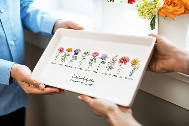 Personalized Birth Flowers Tray, Family Garden, 12"x7" Ceramic Platter