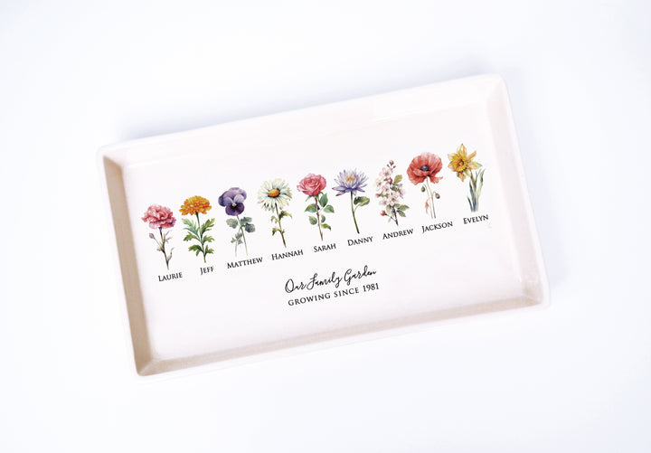 Personalized Birth Flowers Tray, Family Garden, 12"x7" Ceramic Platter