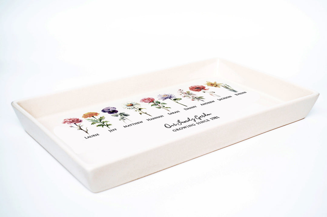 Personalized Birth Flowers Tray, Family Garden, 12"x7" Ceramic Platter