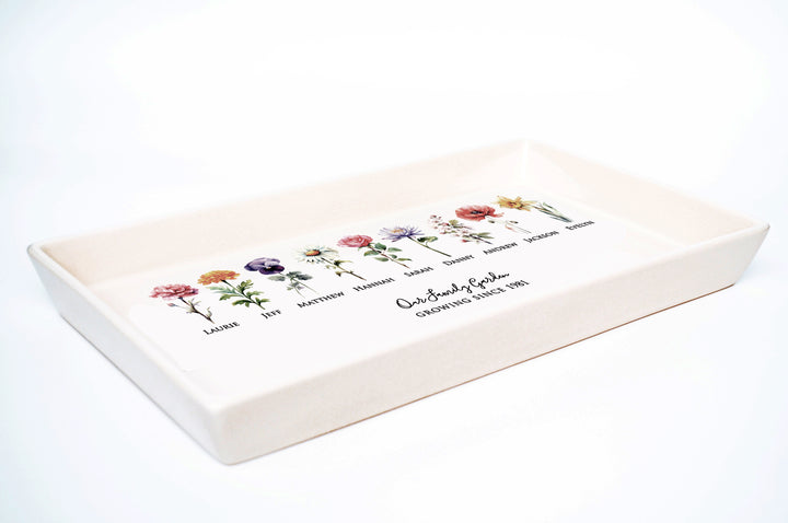 Personalized Birth Flowers Tray, Family Garden, 12"x7" Ceramic Platter
