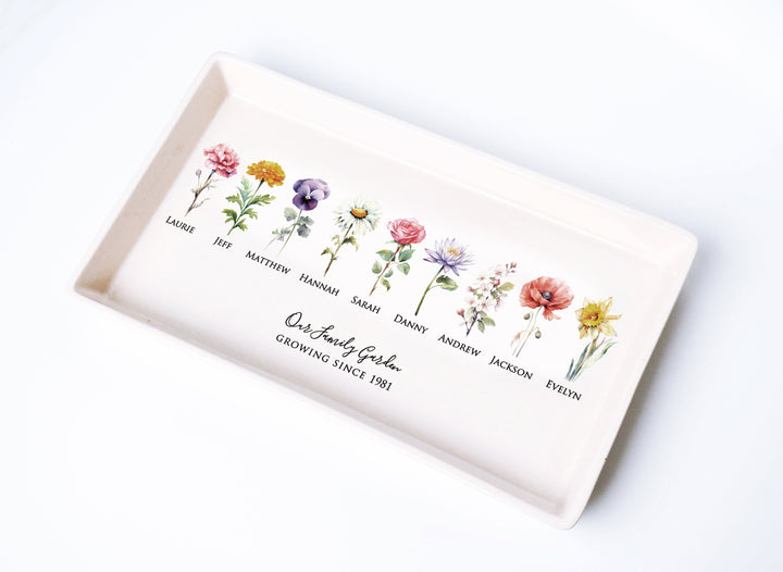 Personalized Birth Flowers Tray, Family Garden, 12"x7" Ceramic Platter