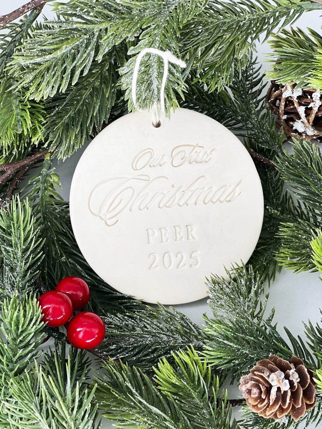Personalized Our First Christmas Ornament with last name and year, Gift Boxed