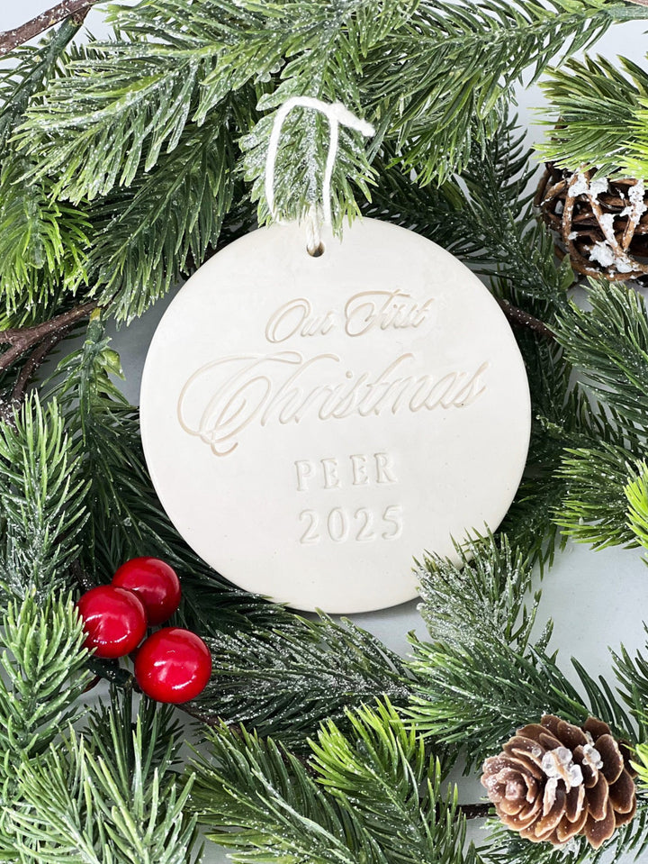 Personalized Our First Christmas Ornament with last name and year, Gift Boxed