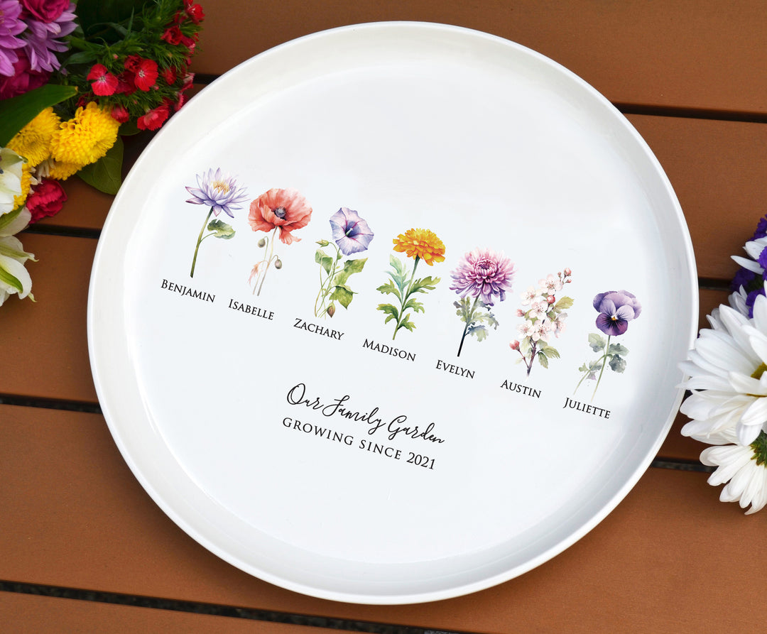 Birth Flowers Round Platter, Family Garden, 12" Ceramic Tray