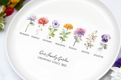 Garden of Love Flower Platter, Color Birth Flower, Round Family Garden Ceramic Tray