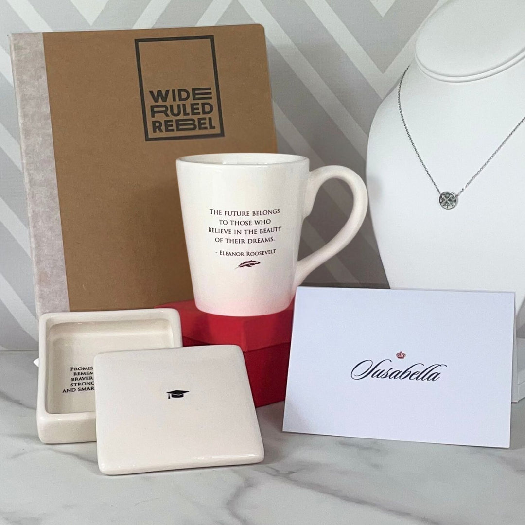 Graduate Gift Box - College or High School Grad Present, Inspirational Quote, Keepsake Box, Compass Necklace, Coffee Mug