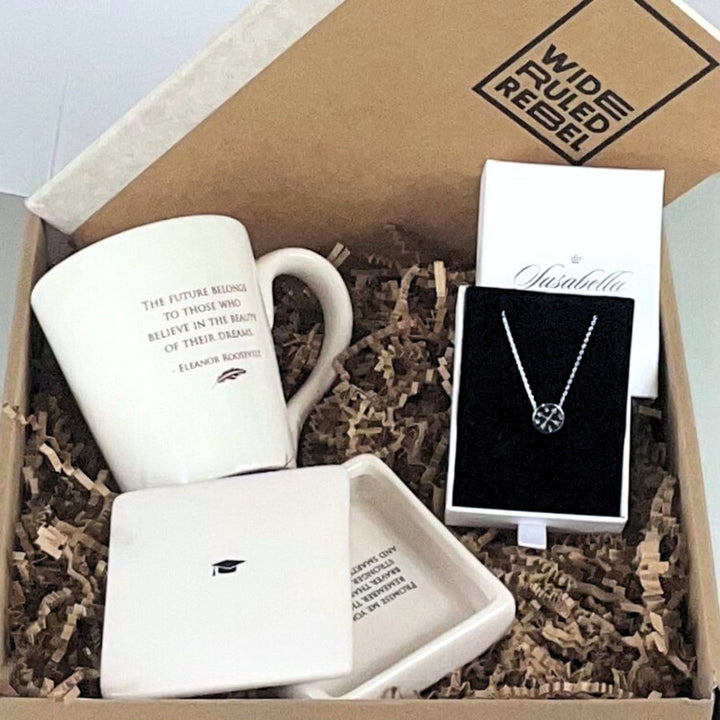 Graduate Gift Box - College or High School Grad Present, Inspirational Quote, Keepsake Box, Compass Necklace, Coffee Mug