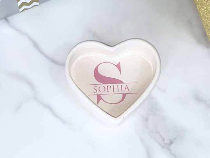Ring Bowl | Monogram | Custom Name and Initial | Trinket Dish | Heart or Round | Personalized Wedding Party Gift | Change Tray | Ceramic