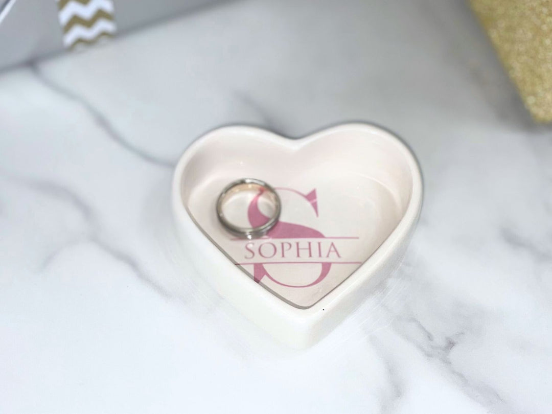 Ring Bowl | Monogram | Custom Name and Initial | Trinket Dish | Heart or Round | Personalized Wedding Party Gift | Change Tray | Ceramic