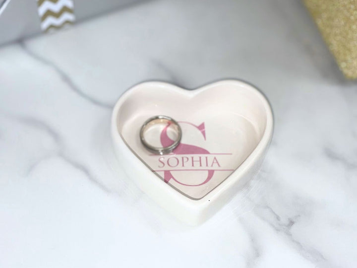 Ring Bowl | Monogram | Custom Name and Initial | Trinket Dish | Heart or Round | Personalized Wedding Party Gift | Change Tray | Ceramic