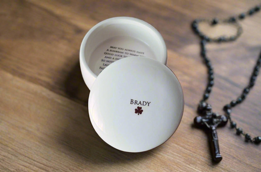 personalized ceramic trinket box for baptism, confirmation, confirmation or other religious milestones.