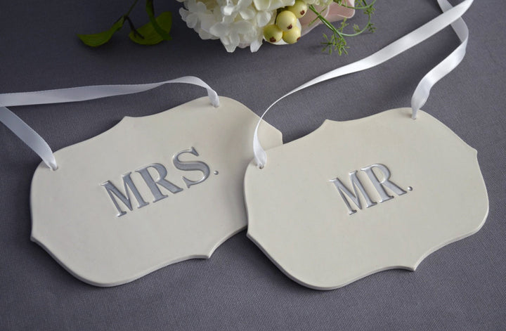 Mr. and Mrs. Wedding Sign Set to Hang on Chair and Use as Photo Prop; available in gold or silver