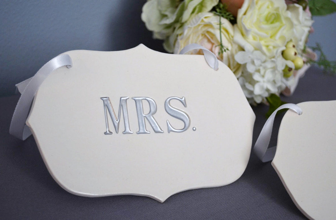 Mr. and Mrs. Wedding Sign Set to Hang on Chair and Use as Photo Prop; available in gold or silver