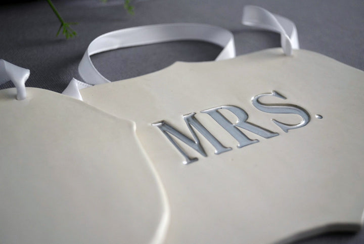 Mr. and Mrs. Wedding Sign Set to Hang on Chair and Use as Photo Prop; available in gold or silver