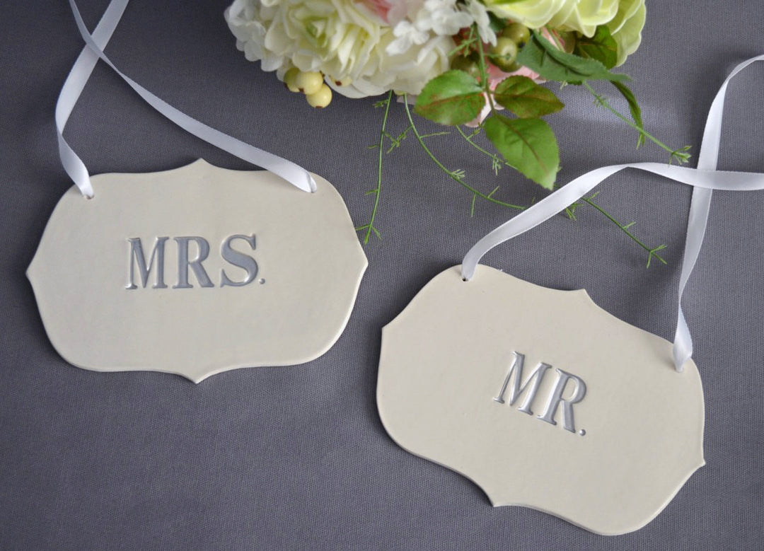 Mr. and Mrs. Wedding Sign Set to Hang on Chair and Use as Photo Prop; available in gold or silver