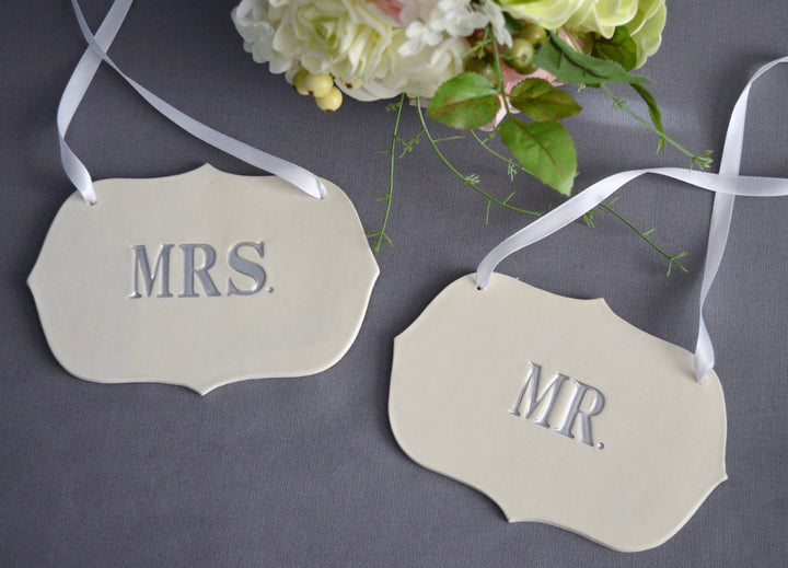 Mr. and Mrs. Wedding Sign Set to Hang on Chair and Use as Photo Prop; available in gold or silver