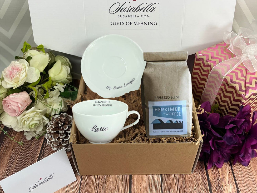 Personalized Coffee Gift Box, Cup & Saucer with Custom Text + Whole Bean Espresso Blend Coffee