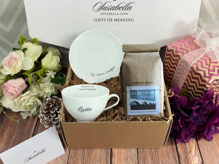 Personalized Coffee Gift Box, Cup & Saucer with Custom Text + Whole Bean Espresso Blend Coffee