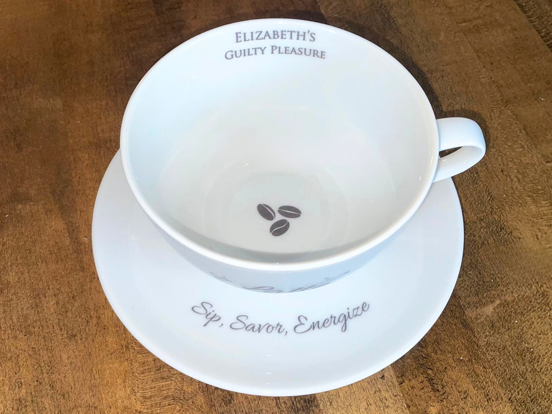Personalized Coffee Gift Box, Cup & Saucer with Custom Text + Whole Bean Espresso Blend Coffee