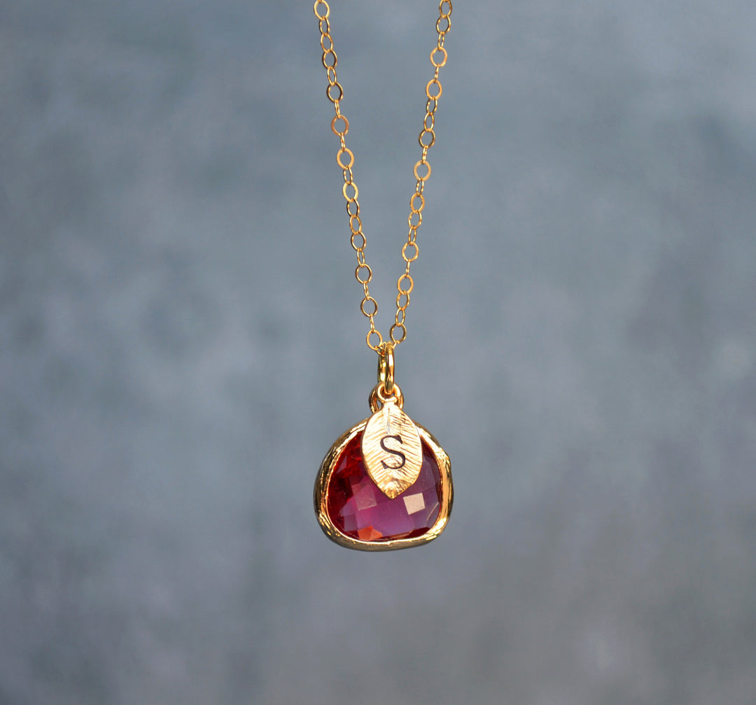 Ruby Necklace, July Birthstone Jewelry, Custom Initial on Leaf