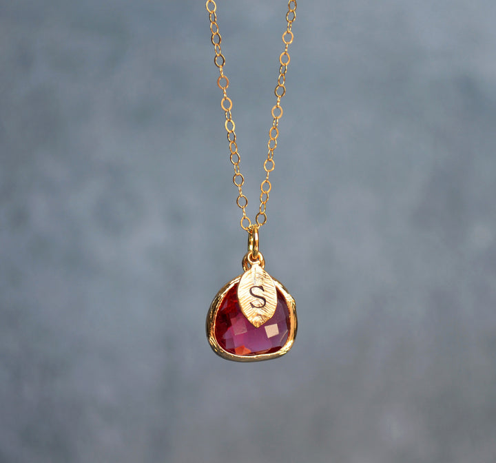 Ruby Necklace, July Birthstone Jewelry, Custom Initial on Leaf
