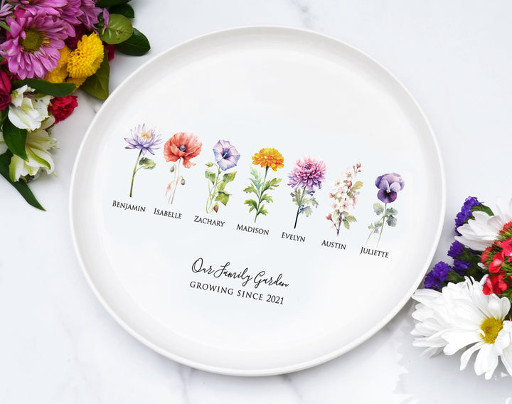 Birth Flowers Round Platter, Family Garden, 12" Ceramic Tray
