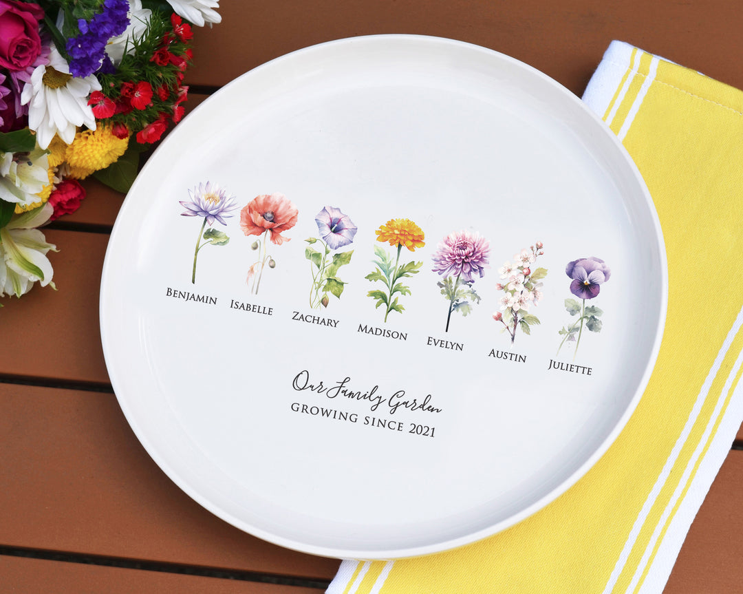 Birth Flowers Round Platter, Family Garden, 12" Ceramic Tray