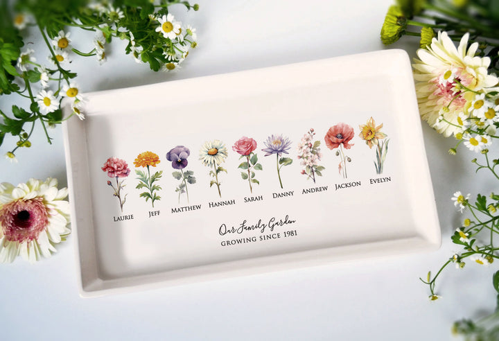 Personalized Birth Flowers Tray, Family Garden, 12"x7" Ceramic Platter