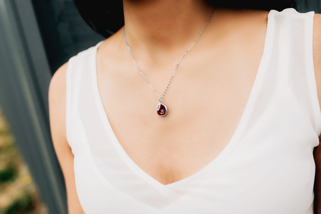 Ruby Necklace, July Birthstone Jewelry, Custom Initial on Leaf