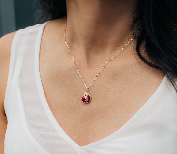 Ruby Necklace, July Birthstone Jewelry, Custom Initial on Leaf