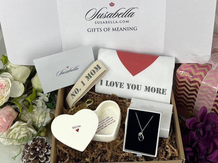 Mother's Day Gift Box, Personalized Heart Keepsake Box, Susabella Birthstone Necklace, Gift Set, Tea Towel, #1 Mom Keychain, Gift Note