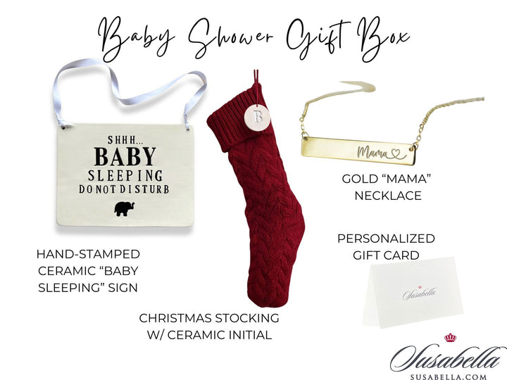 Baby Shower Gift Box | New Mom | Handmade Ceramic Baby Room Sign | Mama Necklace | Personalized Christmas Stocking | Newborn Gift Box | Mother