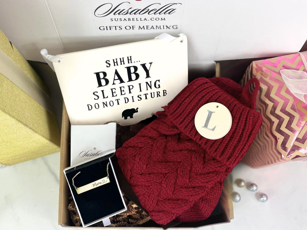 Baby Shower Gift Box | New Mom | Handmade Ceramic Baby Room Sign | Mama Necklace | Personalized Christmas Stocking | Newborn Gift Box | Mother