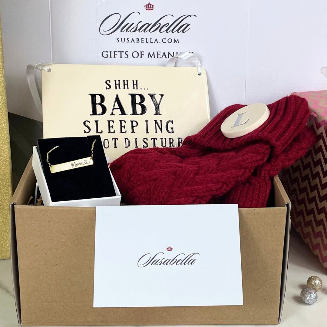 Baby Shower Gift Box | New Mom | Handmade Ceramic Baby Room Sign | Mama Necklace | Personalized Christmas Stocking | Newborn Gift Box | Mother