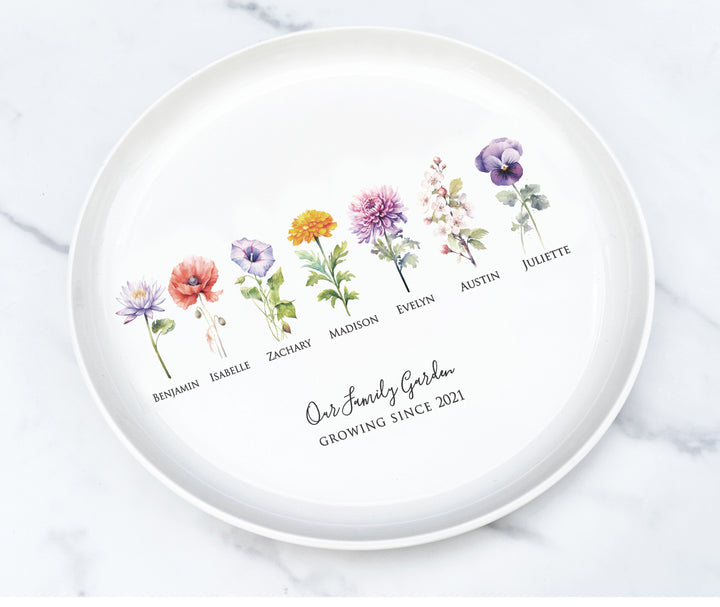 Birth Flowers Round Platter, Family Garden, 12" Ceramic Tray