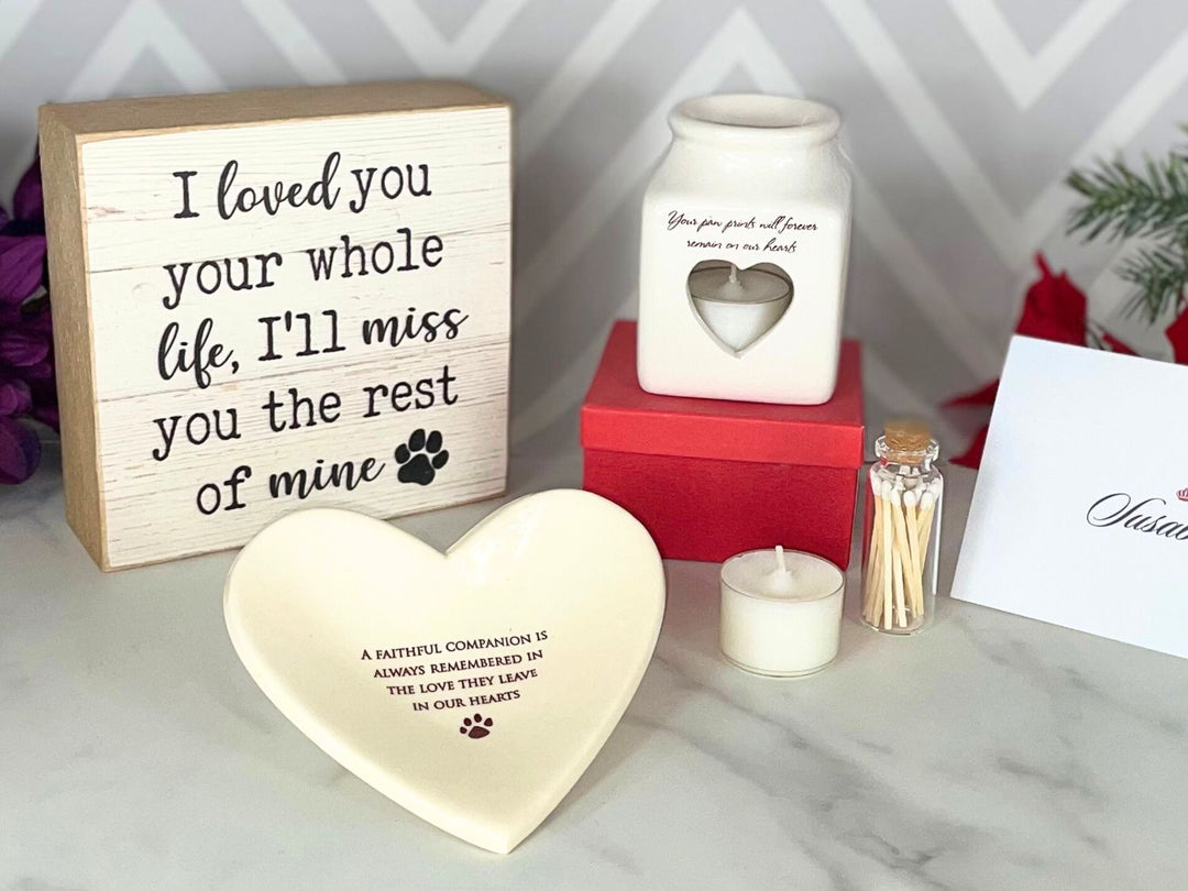 Pet Sympathy Gift Box, Personalized Memorial Candle, Loss of Pet Gift, In Memory of Dog or Cat, Handmade Remembrance Heart Bowl, Gift Set