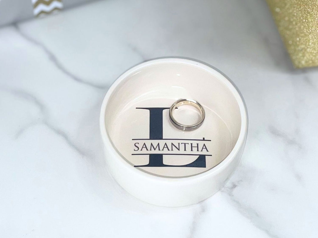 Ring Bowl | Monogram | Custom Name and Initial | Trinket Dish | Heart or Round | Personalized Wedding Party Gift | Change Tray | Ceramic