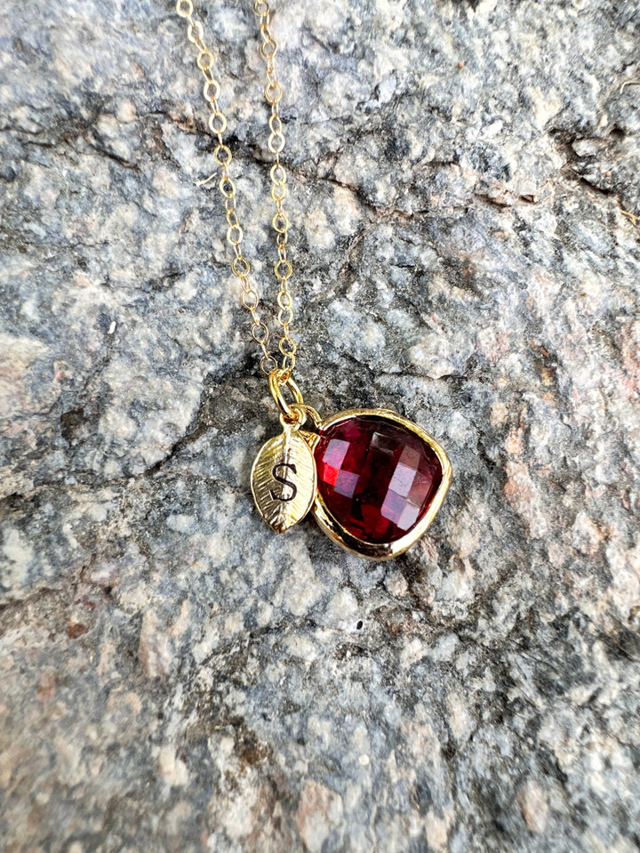 Ruby Necklace, July Birthstone Jewelry, Custom Initial on Leaf