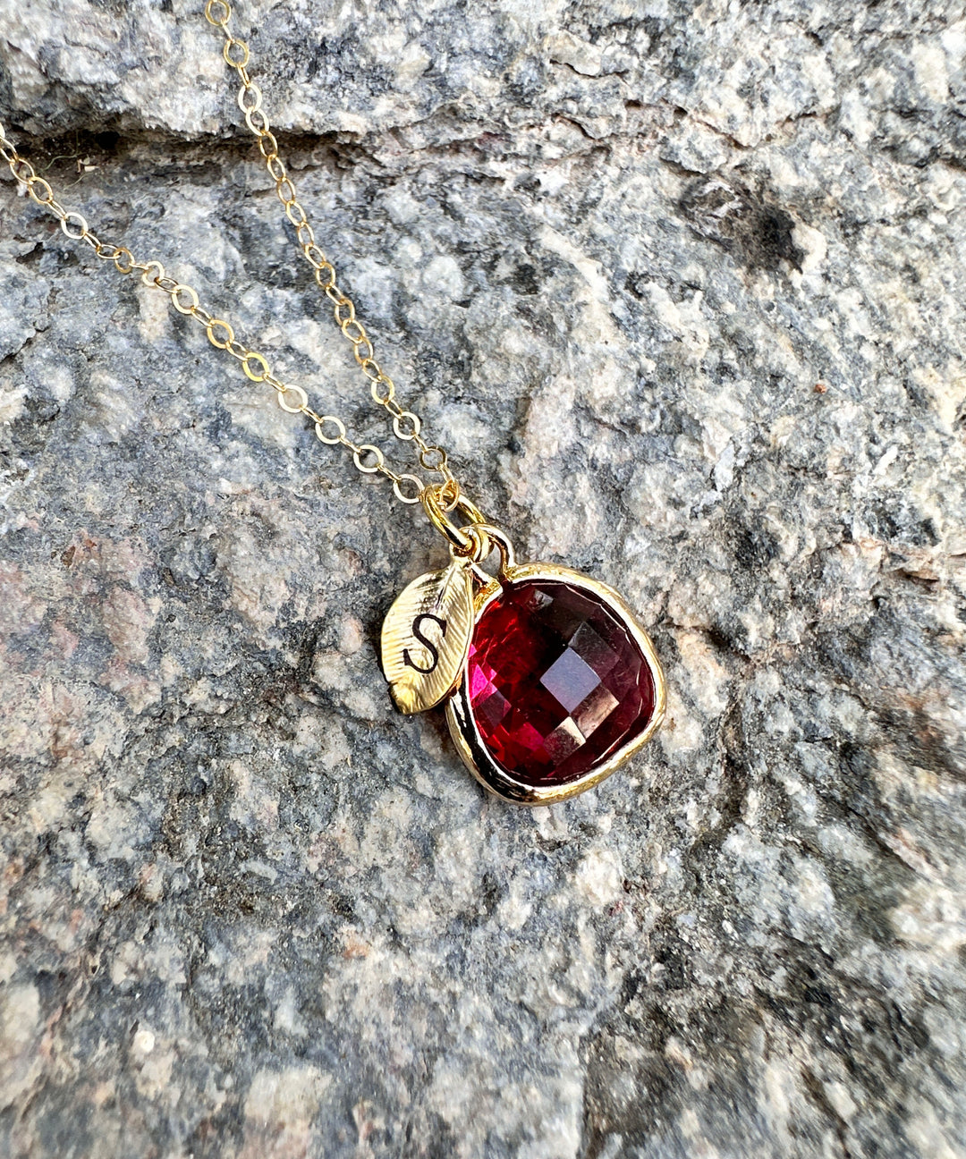 Ruby Necklace, July Birthstone Jewelry, Custom Initial on Leaf