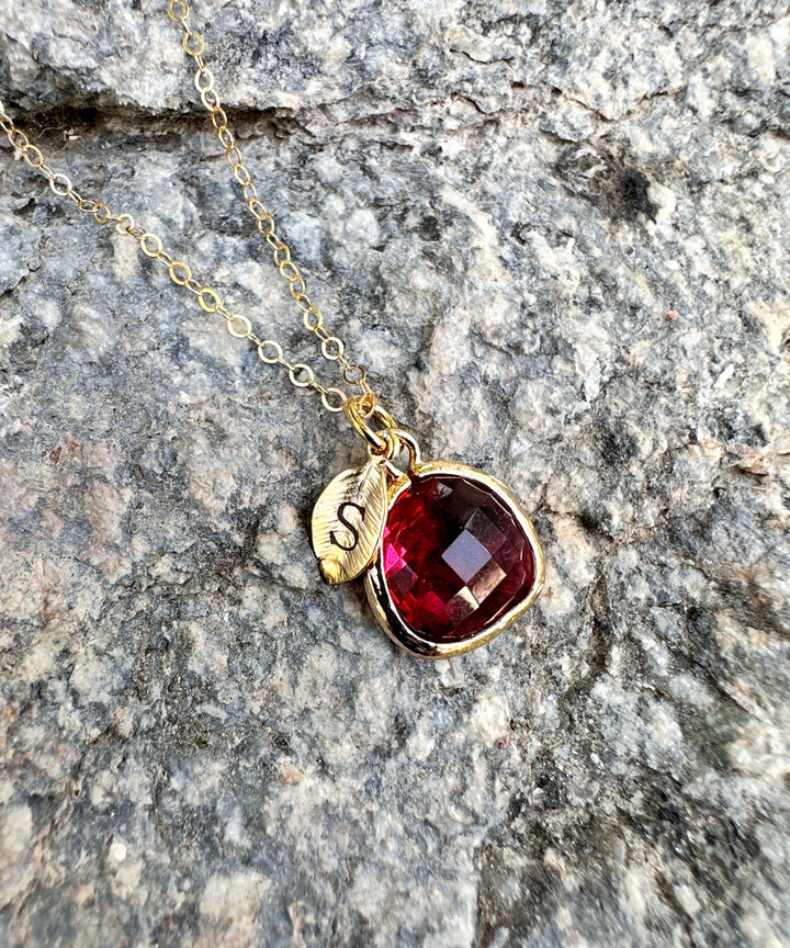 Ruby Necklace, July Birthstone Jewelry, Custom Initial on Leaf