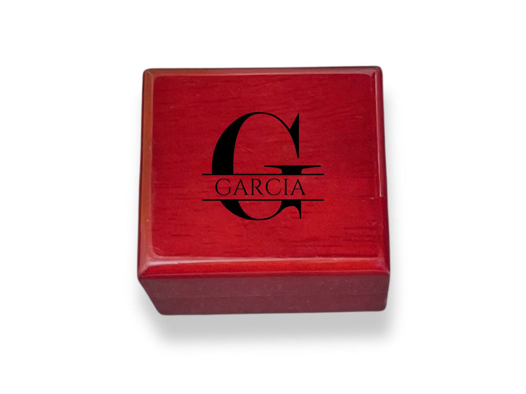 ring box with monogram and last name