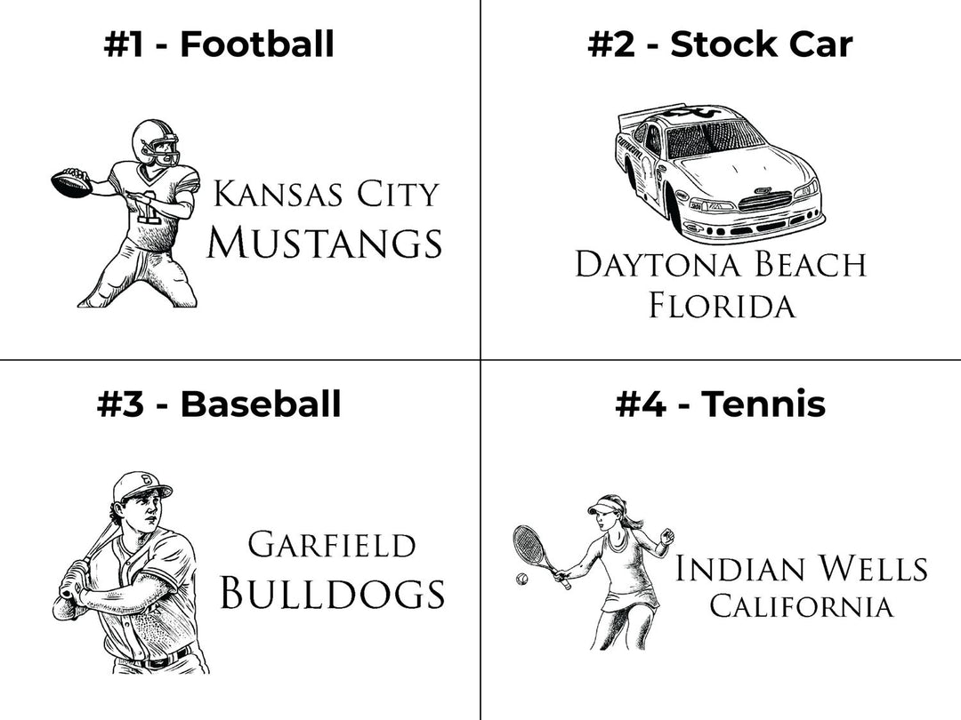 Pick from 4 designs: football, tennis, stock car racing or baseball
