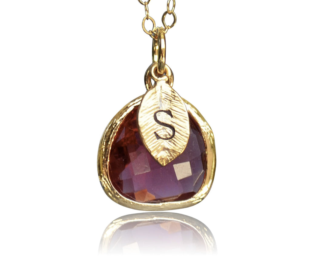 Ruby Necklace, July Birthstone Jewelry, Custom Initial on Leaf