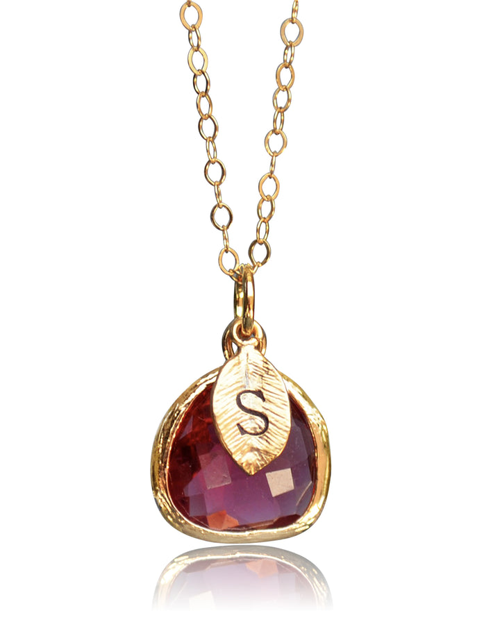 Ruby Necklace, July Birthstone Jewelry, Custom Initial on Leaf