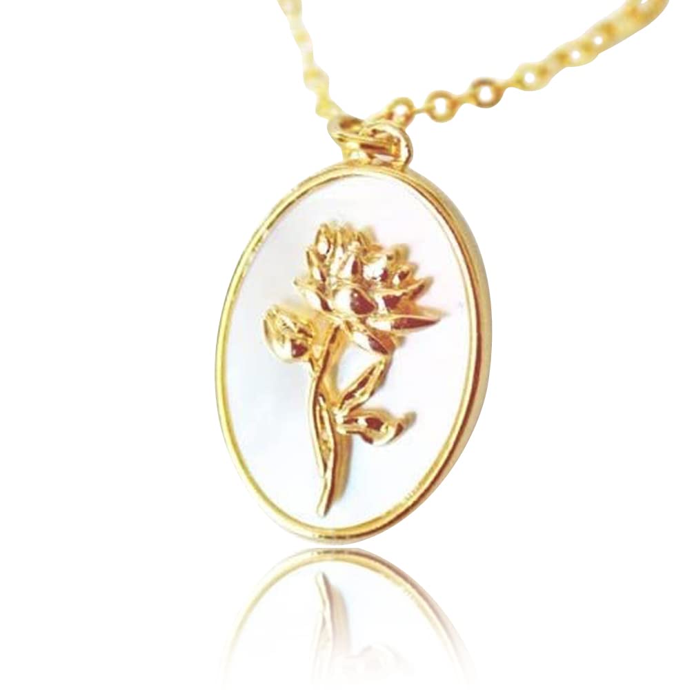 Oval Birth Month Flower Necklace 18K Gold Plated / July/WaterLilly