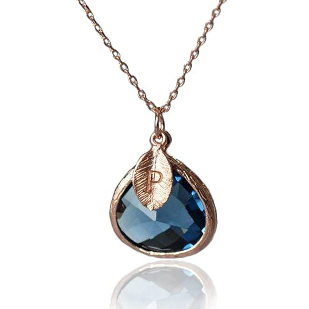Sapphire Necklace, Sept. Birthstone, Leaf Charm, Rose Gold