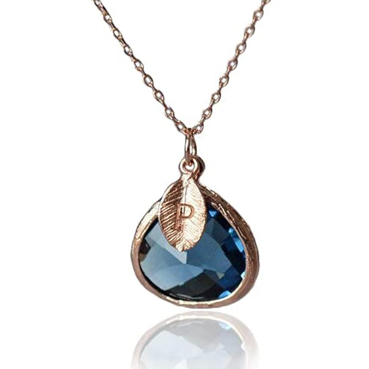 Sapphire Necklace, Sept. Birthstone, Leaf Charm, Rose Gold